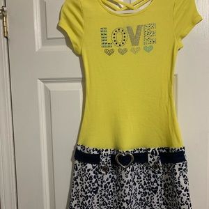 Little girls yellow, patterned dress with belt